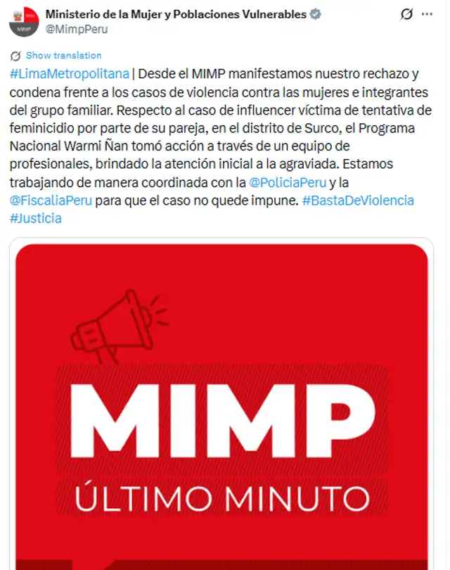 <em>Ministerio de la Mujer brinda ayuda a Samahara Lobatón. Captura: X</em>   