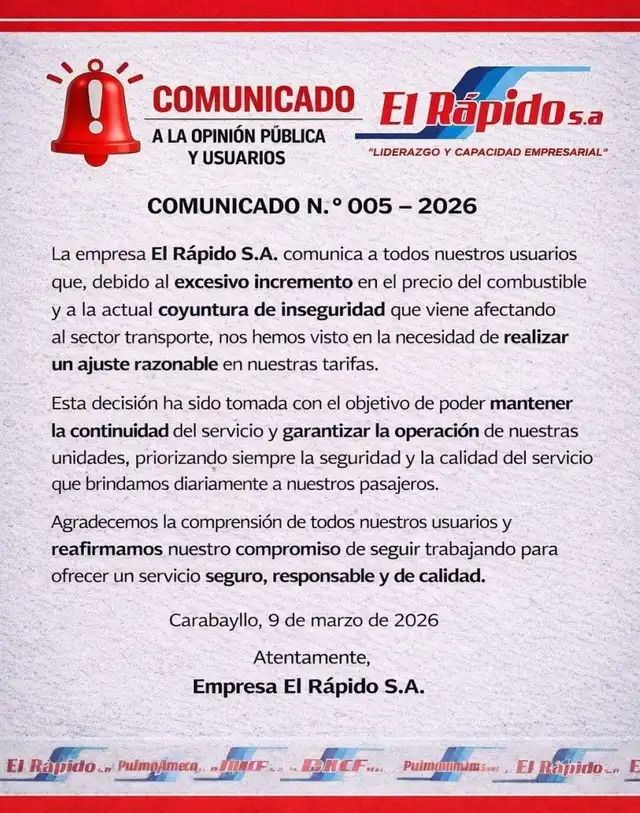 Empresa El Rápido anuncia ajuste de tarifas ante aumento de combustible.