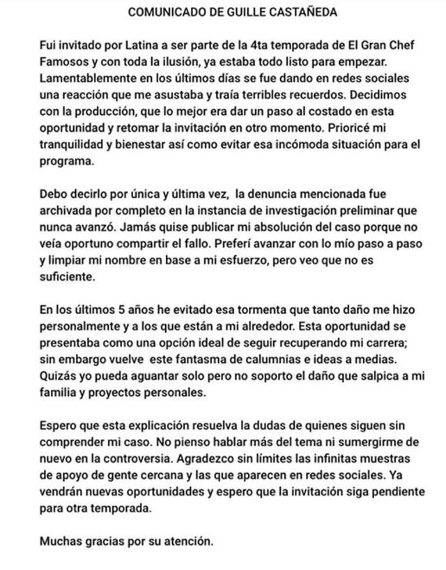 Comunicado de Guillermo Castañeda sobre su salida de El Gran Chef: Famosos.