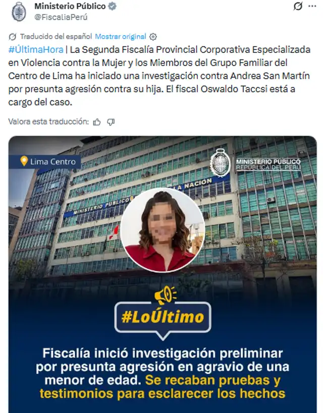 Fiscalía inicia investigación contra Andrea San Martín. Fiscalía inicia investigación contra Andrea San Martín.
