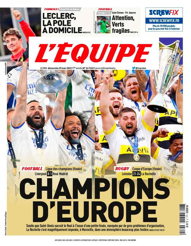 L'Equipe también hizo eco de la Champions League que ganó el Real Madrid. / FUENTE: Twitter. 