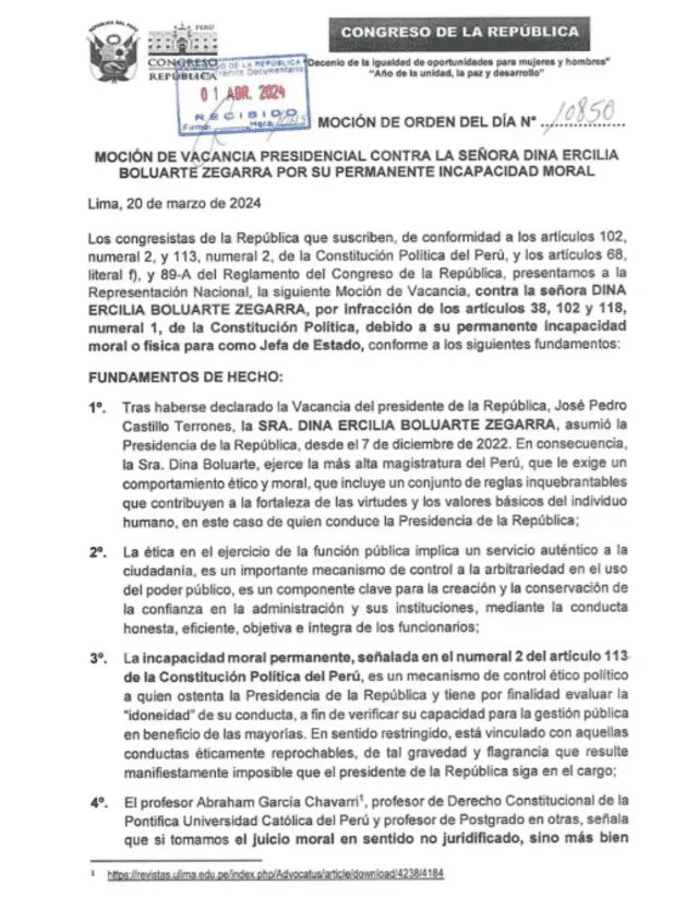 Congreso oficializa la moción de vacancia contra Dina Boluarte.