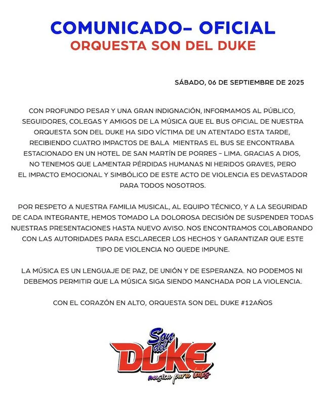 <em>Son del Duke sufrió un ataque armado. Foto: Difusión </em> <em>Son del Duke sufrió un ataque armado. Foto: Difusión </em>