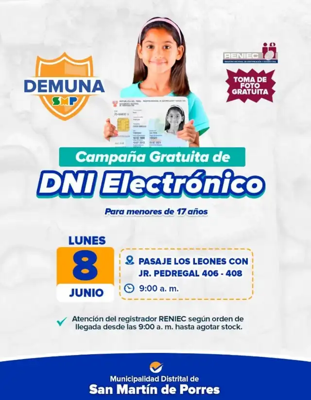 Reniec anuncia campaña masiva de DNI electronico gratuito en Lima.