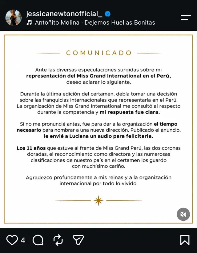 Jessica Newton lanza comunicado sobre su salida del Miss Grand Perú y desmiente a Luciana Fuster Jessica Newton lanza comunicado sobre su salida del Miss Grand Perú y desmiente a Luciana Fuster