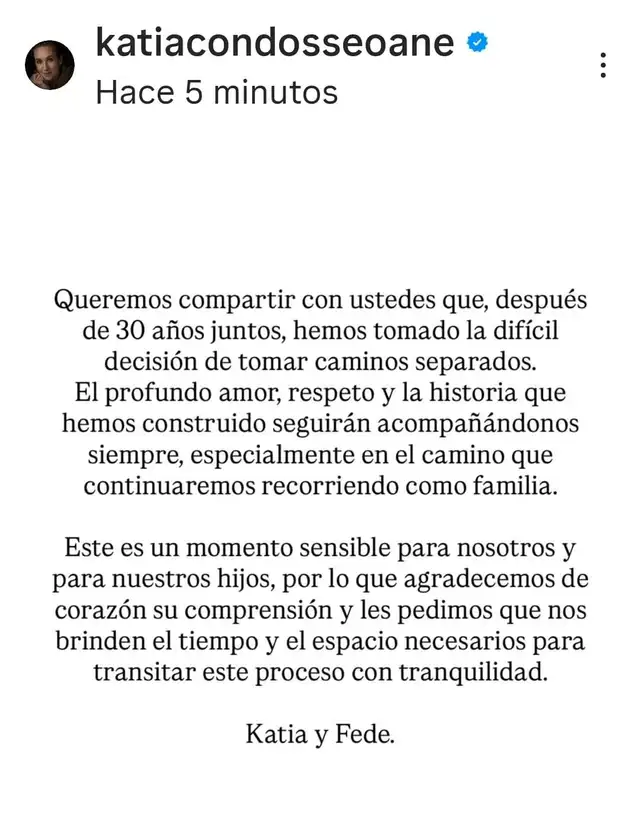 Katia Condos anuncia separación.