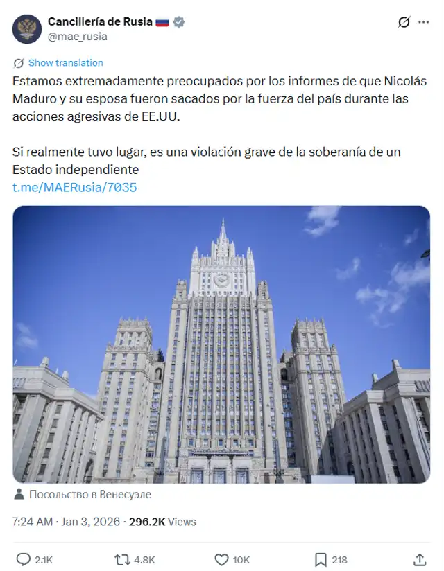 La drástica respuesta de Rusia tras la captura de Nicolás Maduro.