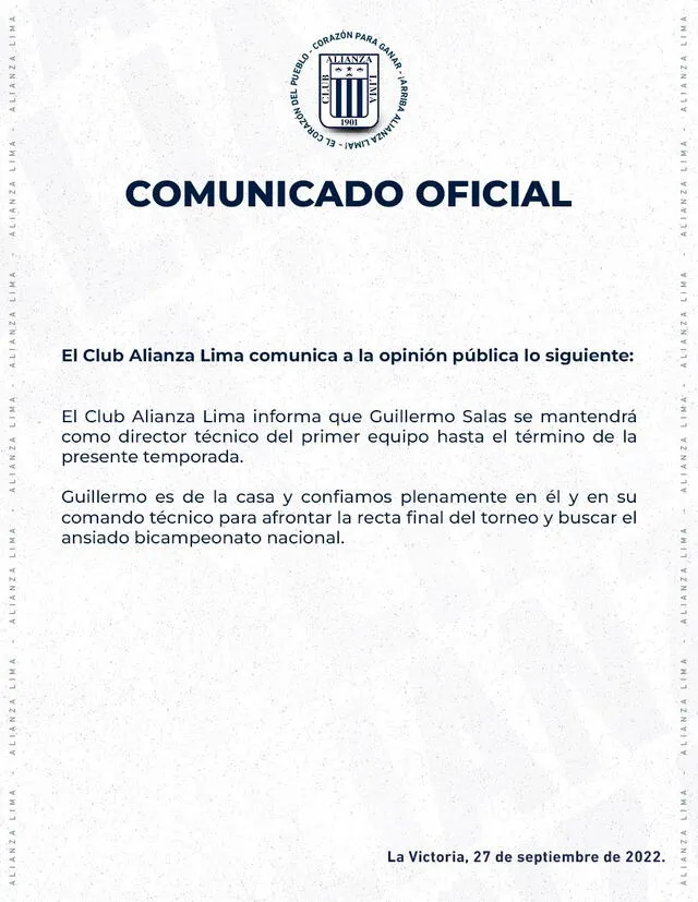 El comunicado que publicó el Club Alianza Lima en sus redes sociales. / FUENTE: Twitter.   