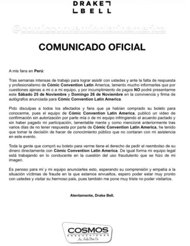 Comunicado oficial de Drake Bell no llegará a Perú.