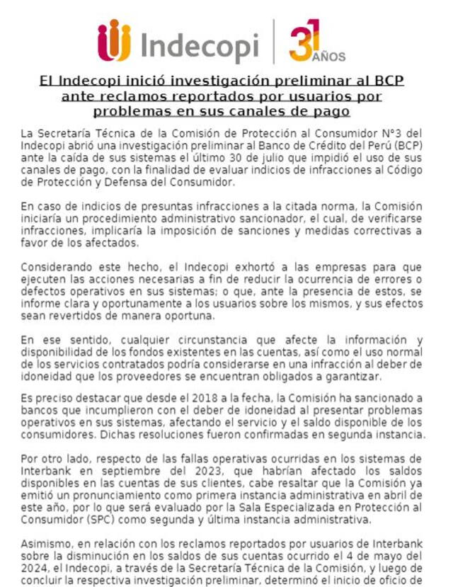 Indecopi se refiere a las denuncias de usuarios del BCP.