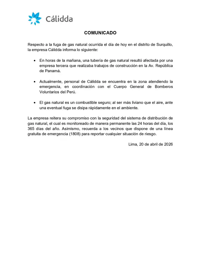 Comunicado de Cálidda.