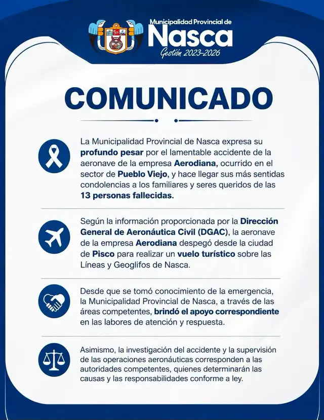 Comunicado de la Municipalidad de Nasca tras accidente de avioneta
