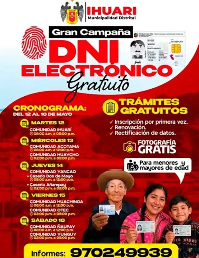 Campaña de DNI gratis el 13 de mayo en Huaral.