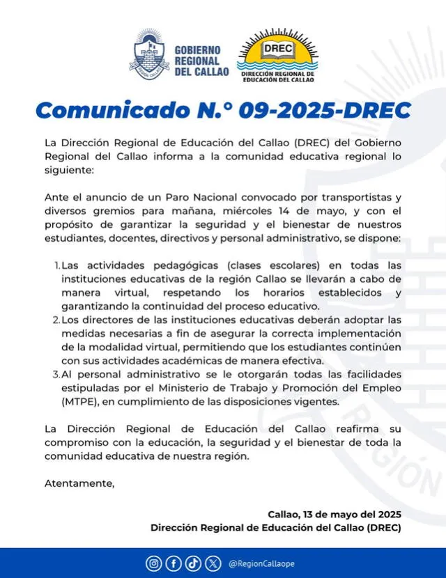 DREC confirma clases virtuales en el Callao este 14 de mayo. DREC confirma clases virtuales en el Callao este 14 de mayo.