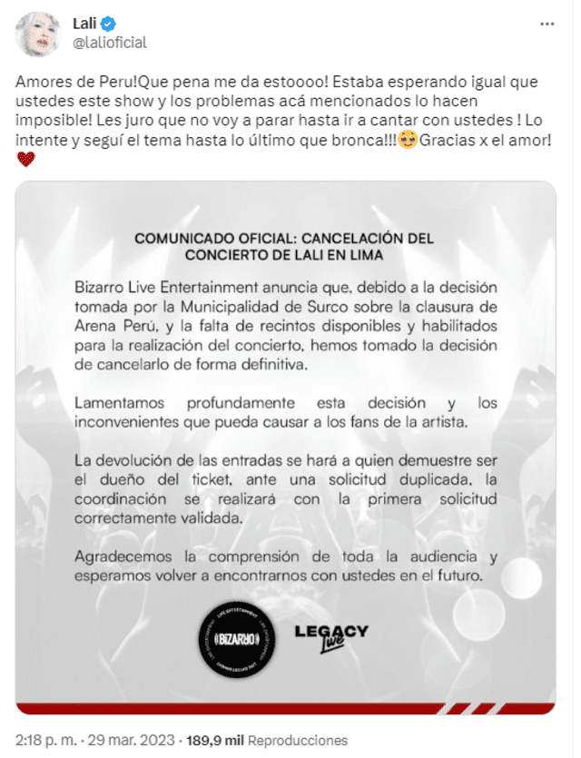 Lali en Twitter lamenta la noticia.    