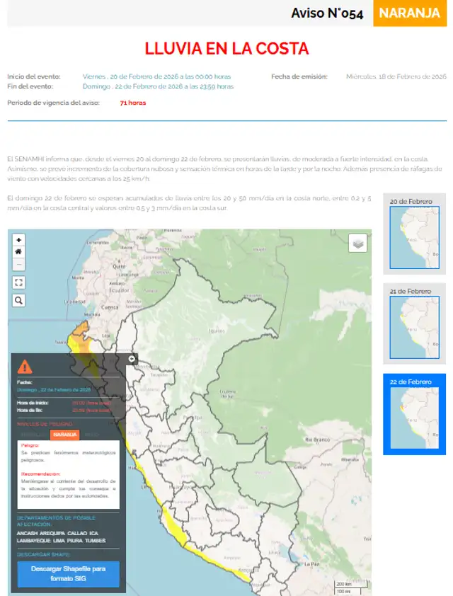 Aviso N° 054 de Senamhi.