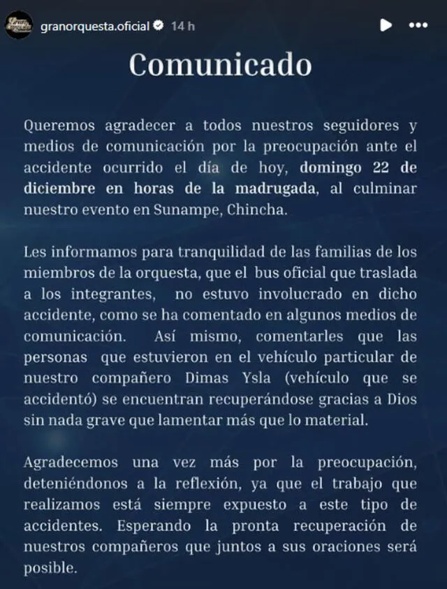 Gran Orquesta emitió comunicado sobre el accidente de sus músicos.  