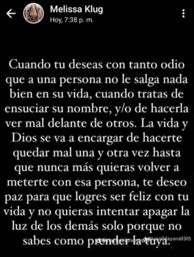 Melissa Klug compartio publicación que sería una indirecta, ¿para Pamela López?