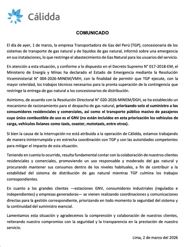 Cálidda toma drástica medida por falla de TGP en Cusco. Cálidda toma drástica medida por falla de TGP en Cusco.