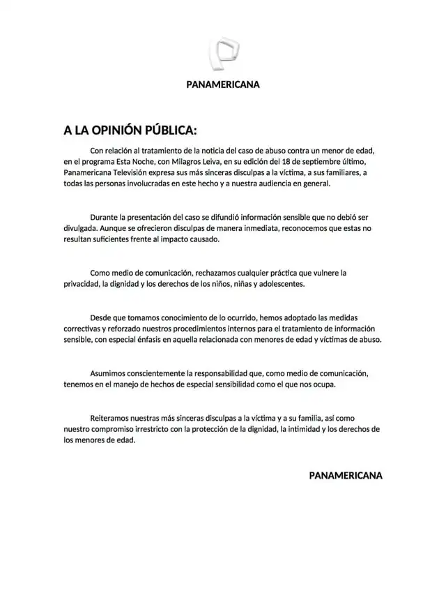Comunicado de Panamericana TV. Comunicado de Panamericana TV.