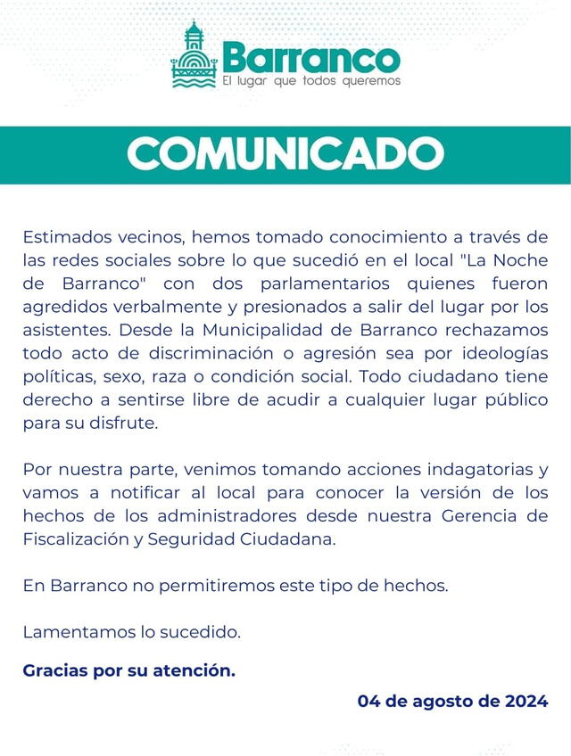 Municipalidad de Barranco se pronuncia sobre insultos a Patricia Chirinos. Foto: Facebook