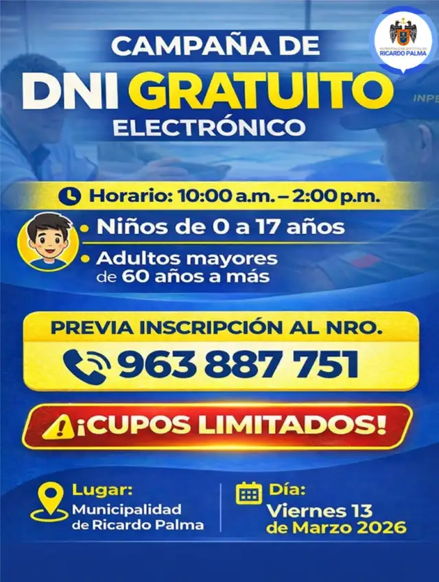 Campaña gratuita de DNI electrónico en Municipalidad de Ricardo Palma.