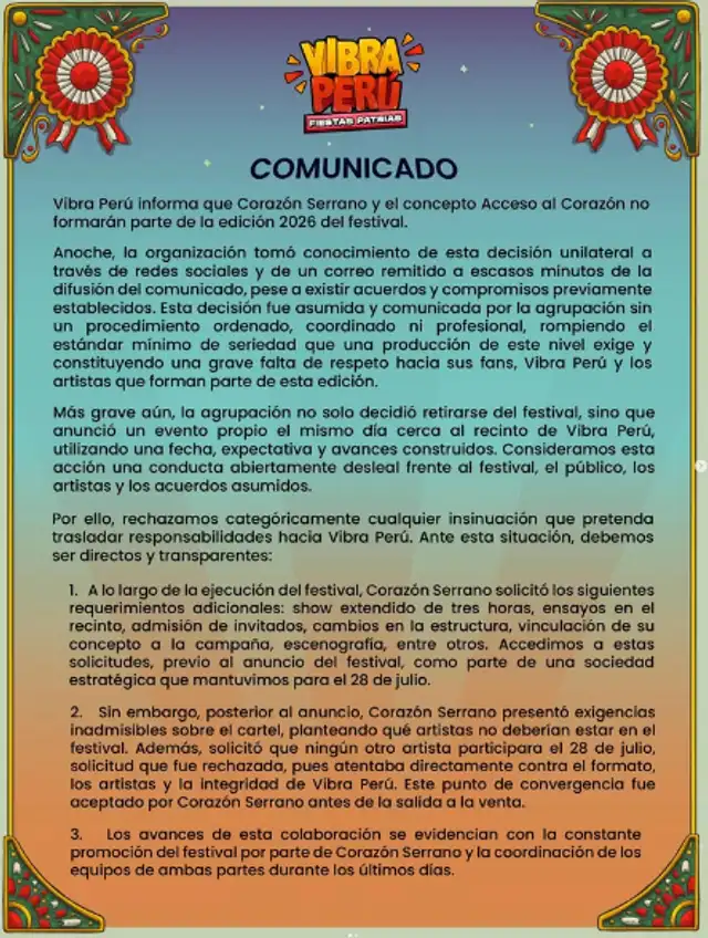 Festival Vibra Perú deja 'mal parado' a Corazón Serrano.