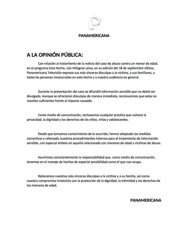 Comunicado de Panamericana Televisión. Comunicado de Panamericana Televisión.