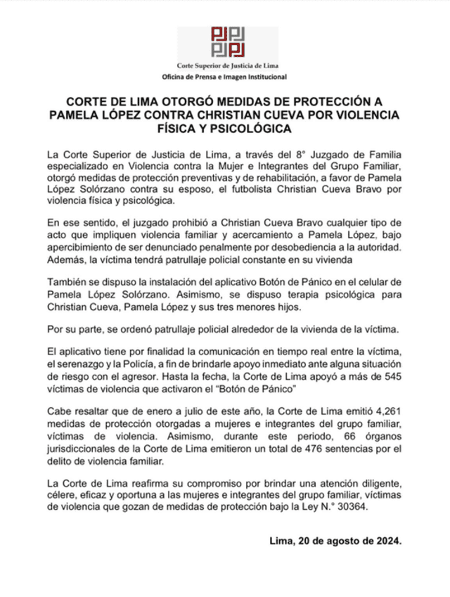 Corte Superior de Justicia publicó medidas de protección para Pamela López.