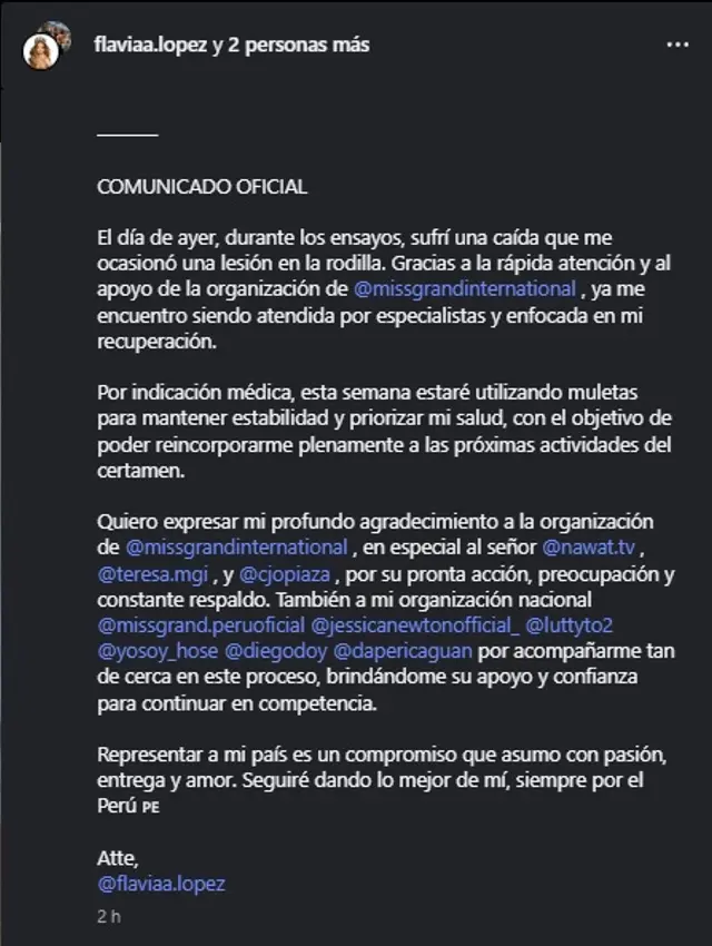 Flavia López, representante de Perú en el Miss Grand International 2025, sufrió fuerte lesión.   