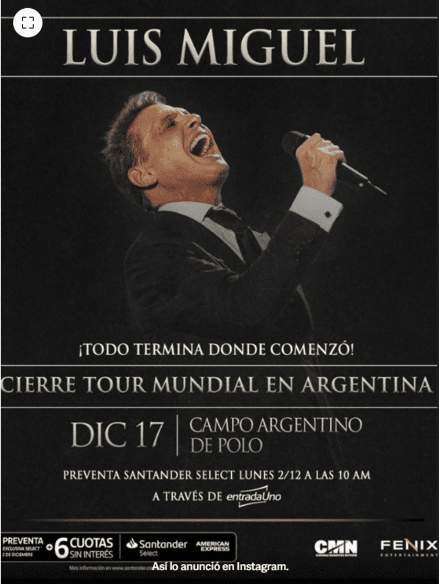 Luis Miguel terminará su gira en Campo Argentino de Polo el 17 de diciembre.  