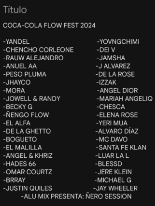 Lista filtrada en X de la supuesta cartelera para el Flow Fest 2024.   