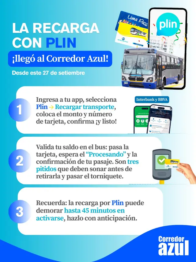 <strong> Así podrás recargar tu tarjeta de los corredores morado, azul y rojo vía Plin</strong>   