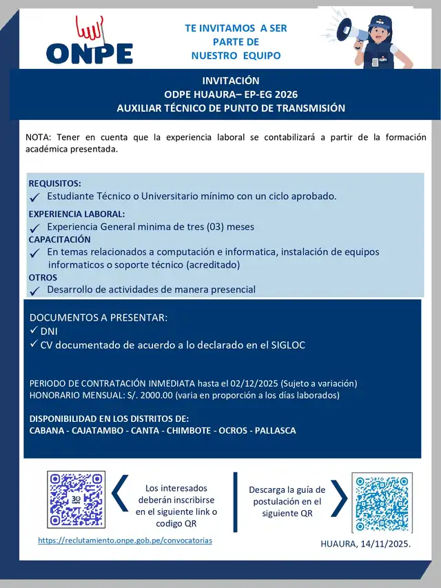 Auxiliar técnico de punto de transmisión - ODPE Huaura. Auxiliar técnico de punto de transmisión - ODPE Huaura.