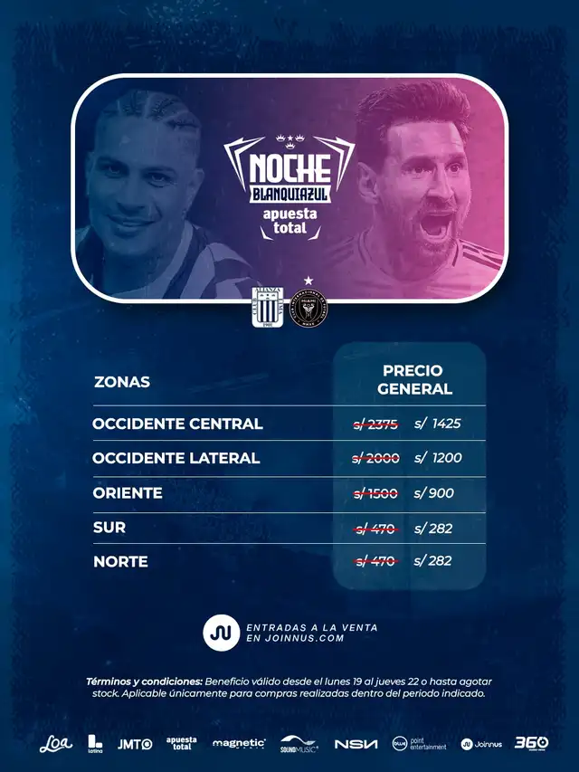  Nuevos precios para el partido entre Alianza Lima e Inter Miami. Foto: Instagram/Joinnus   