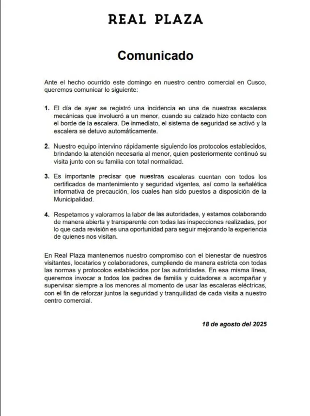 Real Plaza lanza comunicado tras el incidente en Cusco.