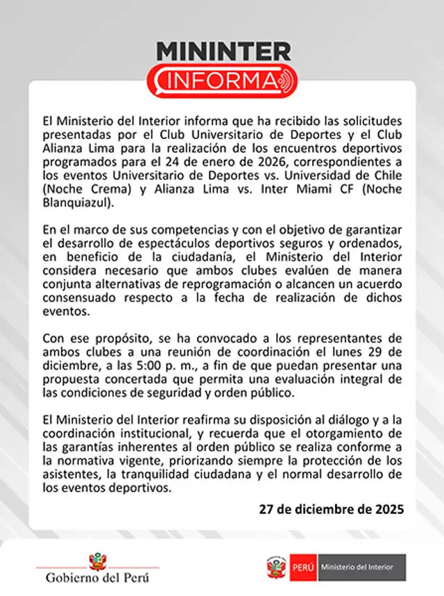  MININTER se pronuncia sobre partidos de Alianza Lima y Universitario del 24 de enero.   