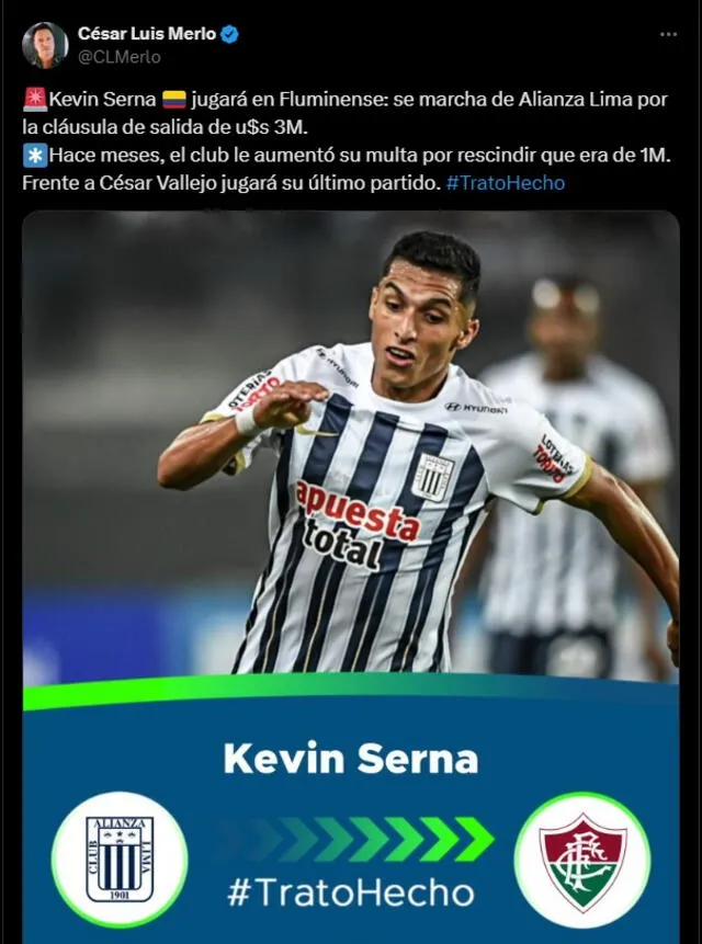 Kevin Serna fue vendido por Alianza Lima al Fluminense.