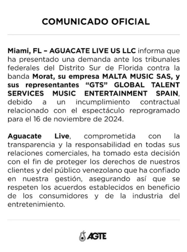 Aguacate Live US LLC denunció a Morat por incumplimiento de contrato