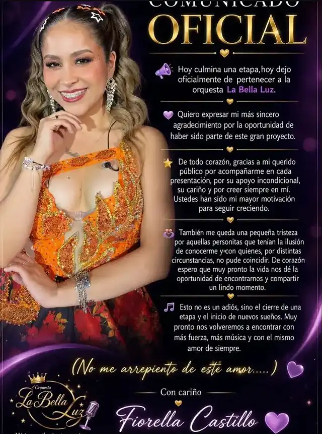 ¡Renuncia bomba en la cumbia! Cantante deja La Bella Luz tras siete meses y se despide con polémico mensaje: “No todo lo que brilla es oro” ¡Renuncia bomba en la cumbia! Cantante deja La Bella Luz tras siete meses y se despide con polémico mensaje: “No todo lo que brilla es oro”