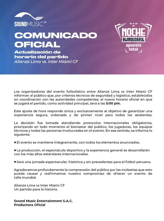 Comunicado oficial. Foto: Sound Music Entertainment   