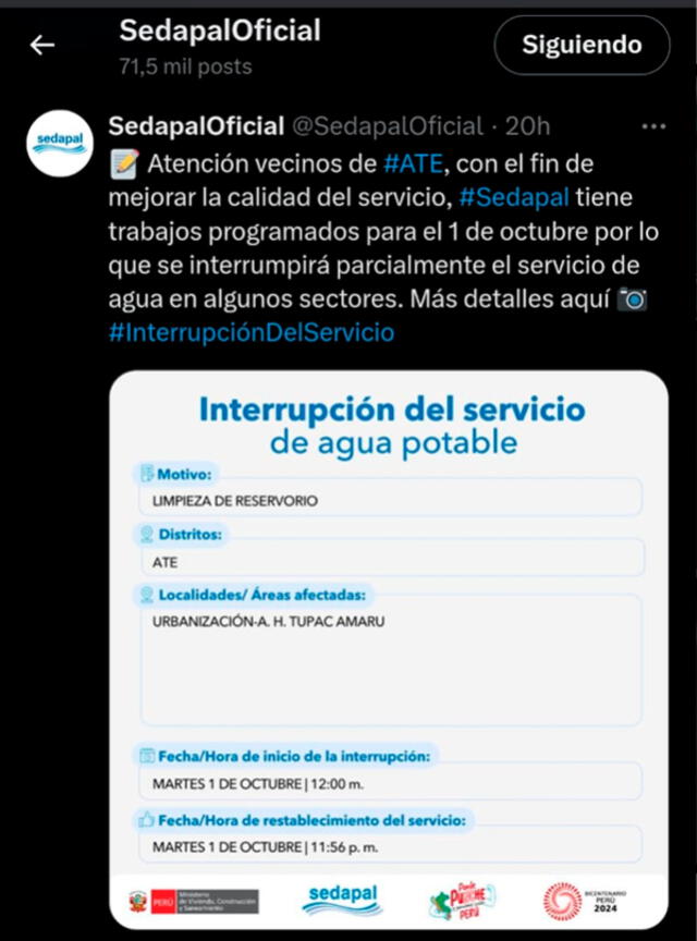Sedapal anunció corte programado de agua en Ate. Foto: X.   