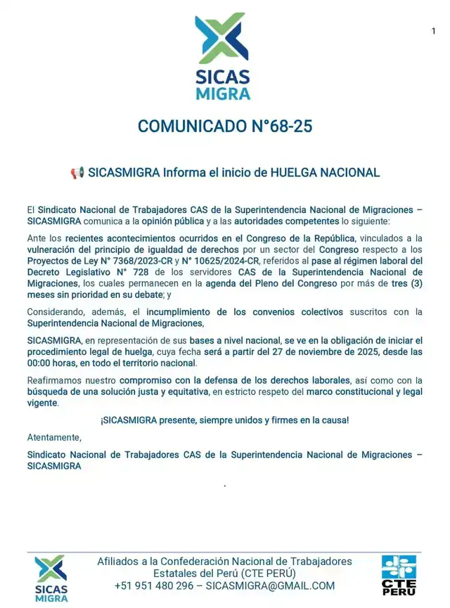 Trabajadores de migraciones anuncian huelga nacional desde el 27 de noviembre.