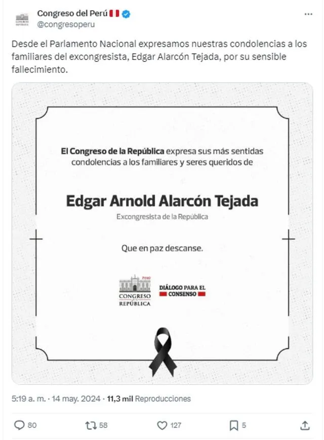 Congreso envía condolencias a la familia de Edgar Alarcón.