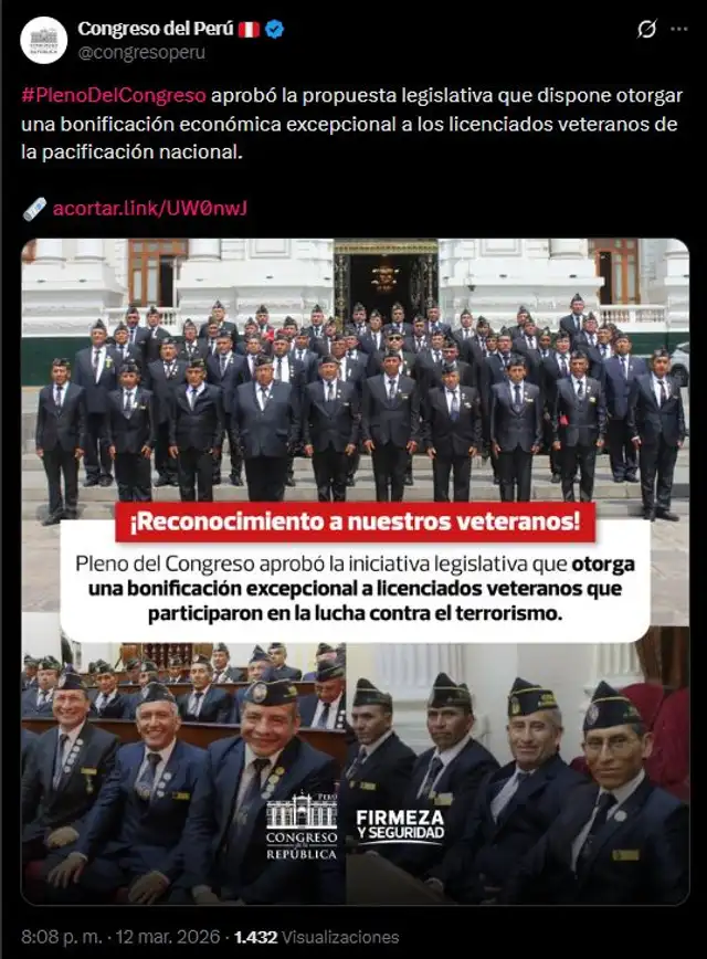 El Congreso aprobó un bono vitalicio de S/1130