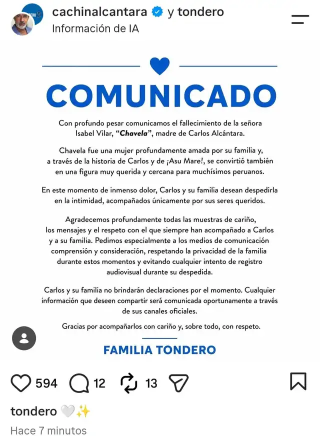 Tondero confirma muerte de la madre de Cachín