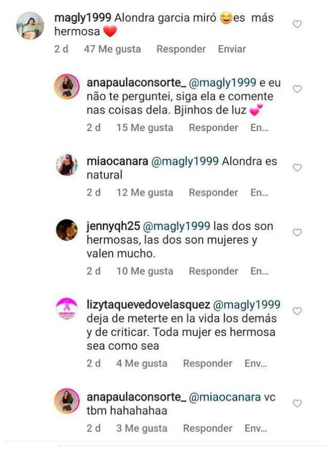 Respuesta de Ana Paula Consorte a usuario de Instagram que le comentó que Alondra García Miró es más hermosa (Captura: Instagram) 