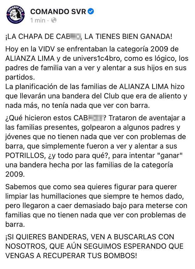 La barra oficial de Alianza Lima se pronunció por los desmanes en Vidu. / FUENTE: Twitter.   