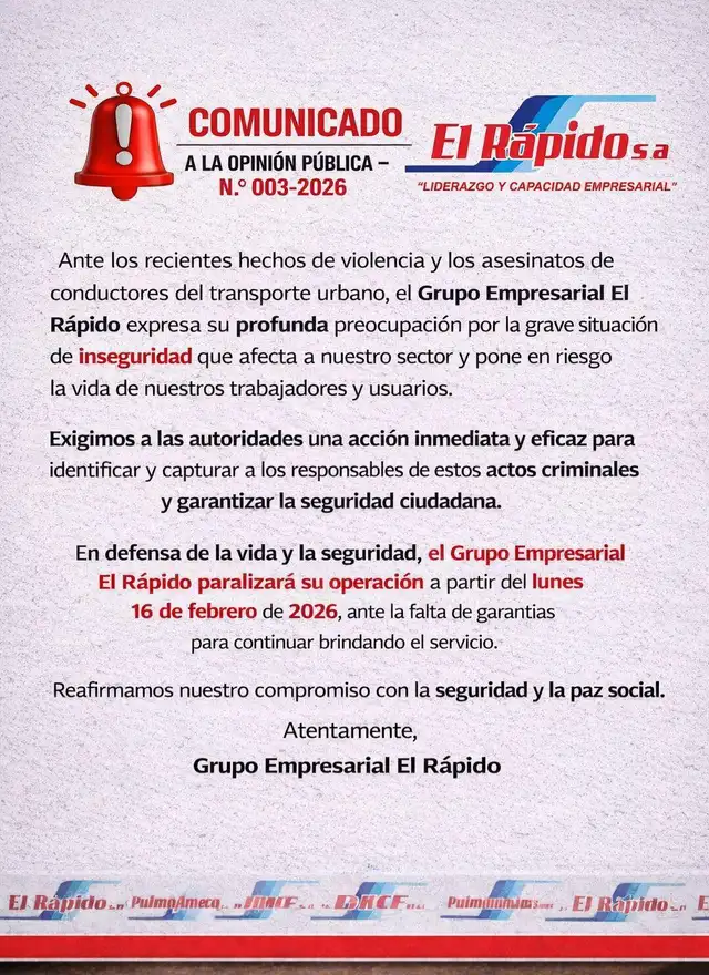 <strong> Comunicado de la empresa 'El Rápido'.</strong> <strong> Comunicado de la empresa 'El Rápido'.</strong>