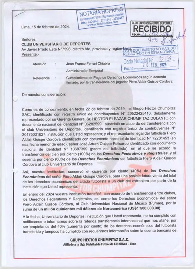 La carta notarial que envió la Academia de Héctor Chumpitaz a la U. 